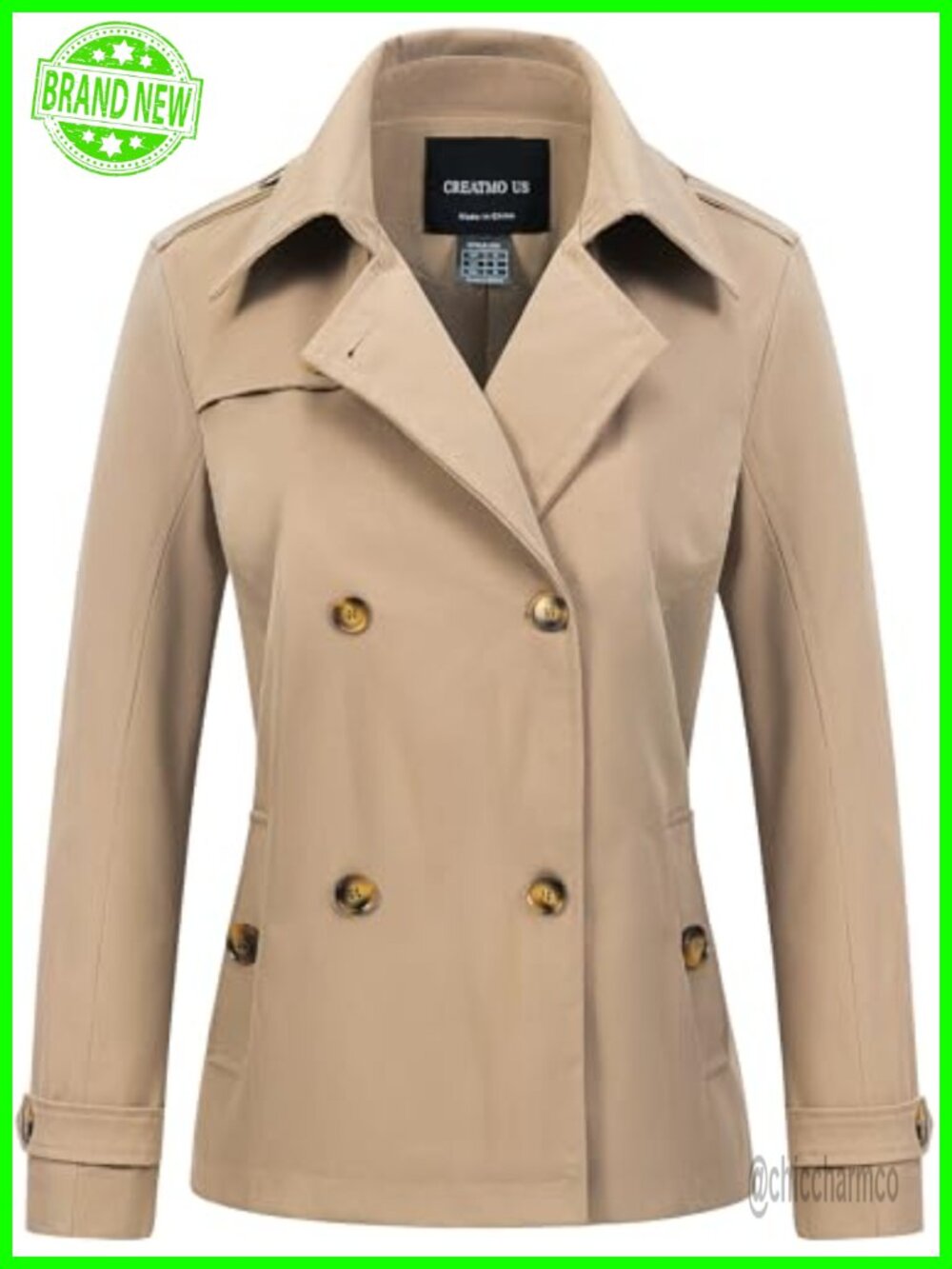Cropped Trench Coat Double Breasted Lapel Water Repellent Jacket